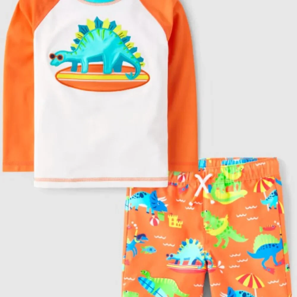 Gymboree Boys 12-18 Months Orange Dinosaur 2 Pc Swim Set Rashguard Shorts NWT